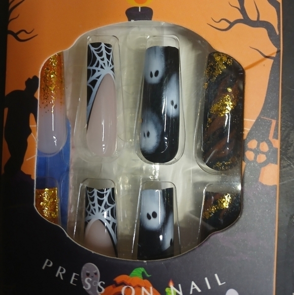 Halloween Gothic ghost spider web orange gold black press on nails - Picture 1 of 3